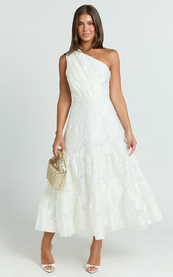Nadette Midi Dress - One Shoulder Pleated Tiered Dress in White | Showpo (ANZ)