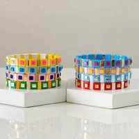 Mix Double Square Enamel Tile Bracelet, Colorblock Bracelets, Beads Stacking Stretchy Boho Bracelets | Etsy (US)