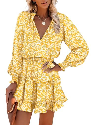 Dokotoo Spring Dresses for Women 2026 Summer Boho Floral Drawstring V Neck Long Sleeve Smocked Waist Casual A-Line Swing Mini Dress Sundress Wedding Guest Short Dress Fashion Outfits Yellow Small | Amazon (US)