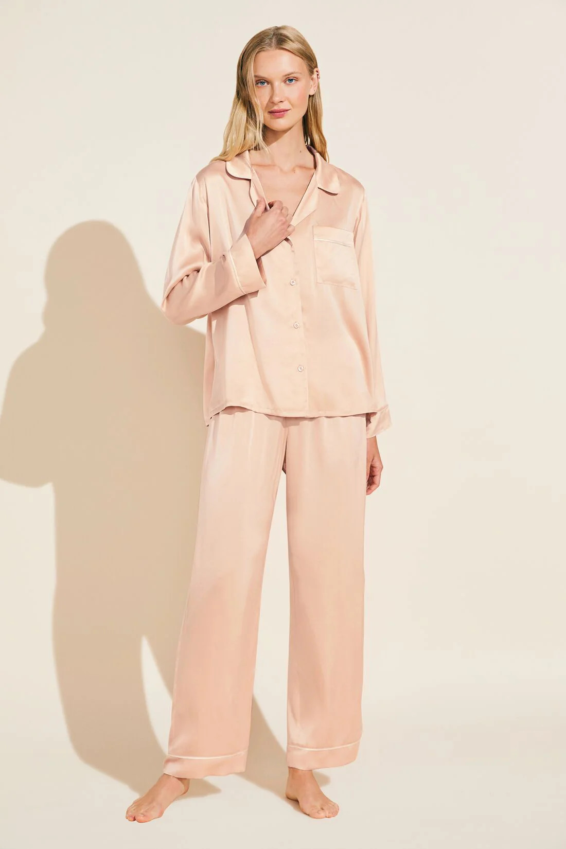 Inez Washable Silk Long PJ Set - Rose Cloud/Champagne | Eberjey