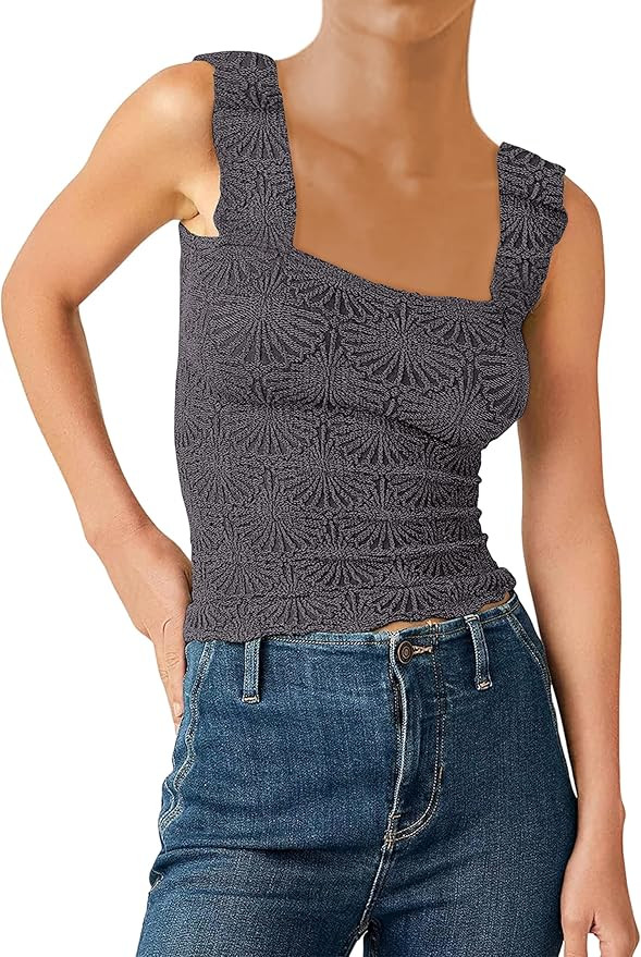 Dsewpaur Women Square Neck Crop Tank Tops Jacquard Floral Sleeveless Wide Straps Crop Tops Love L... | Amazon (US)