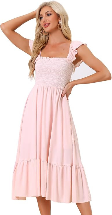 Allegra K Boho Midi Dress for Women's Square Neck Ruffle Tiered Flowy Smocked Sundress | Amazon (US)