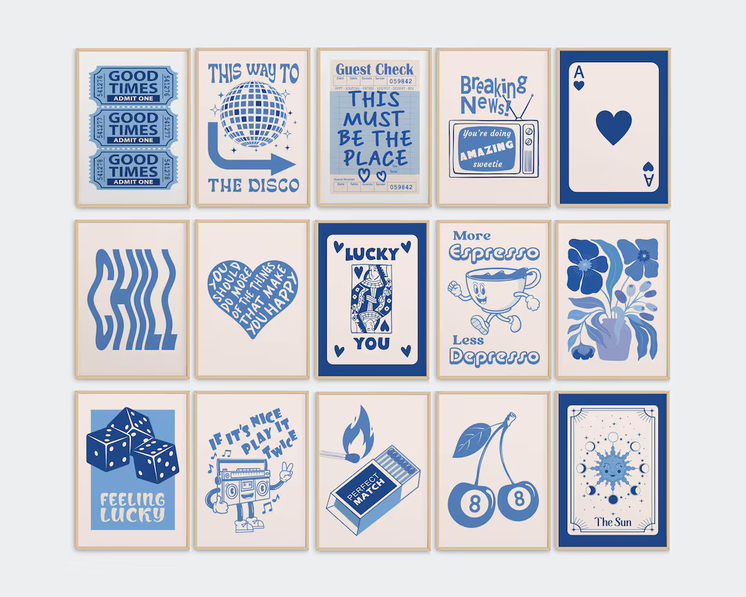 Retro Trendy Wall Art Set of 15 Guest Check Print Lucky You Poster Blue Preppy Room Decor Apartme... | Etsy (US)