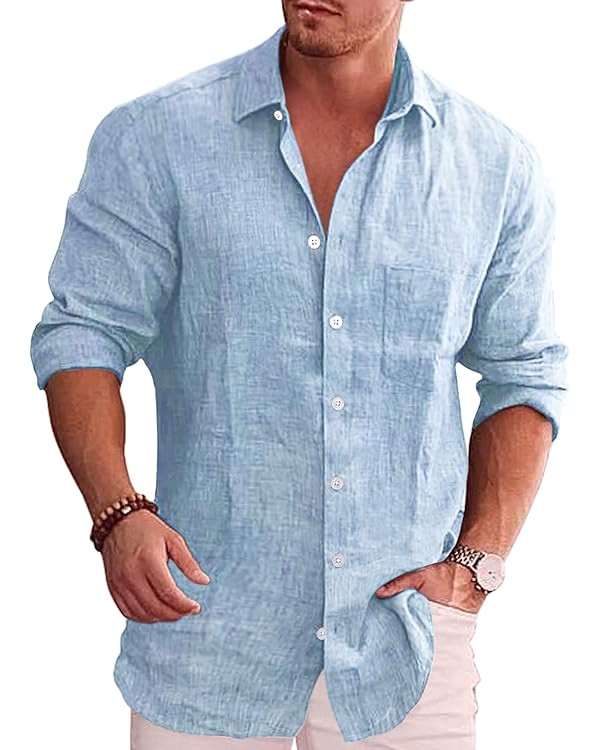 COOFANDY Men's Casual Button Down Shirt Long Sleeve Linen Chambray Shirt | Amazon (US)