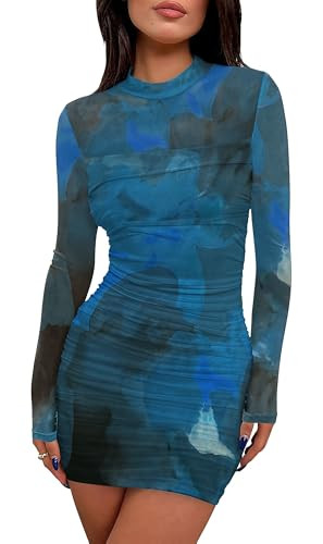 WIHOLL Women's Mesh Sheer Long Sleeve Ruched Mini Dress Sexy Bodycon Mock Neck Cocktail Party Clu... | Amazon (US)