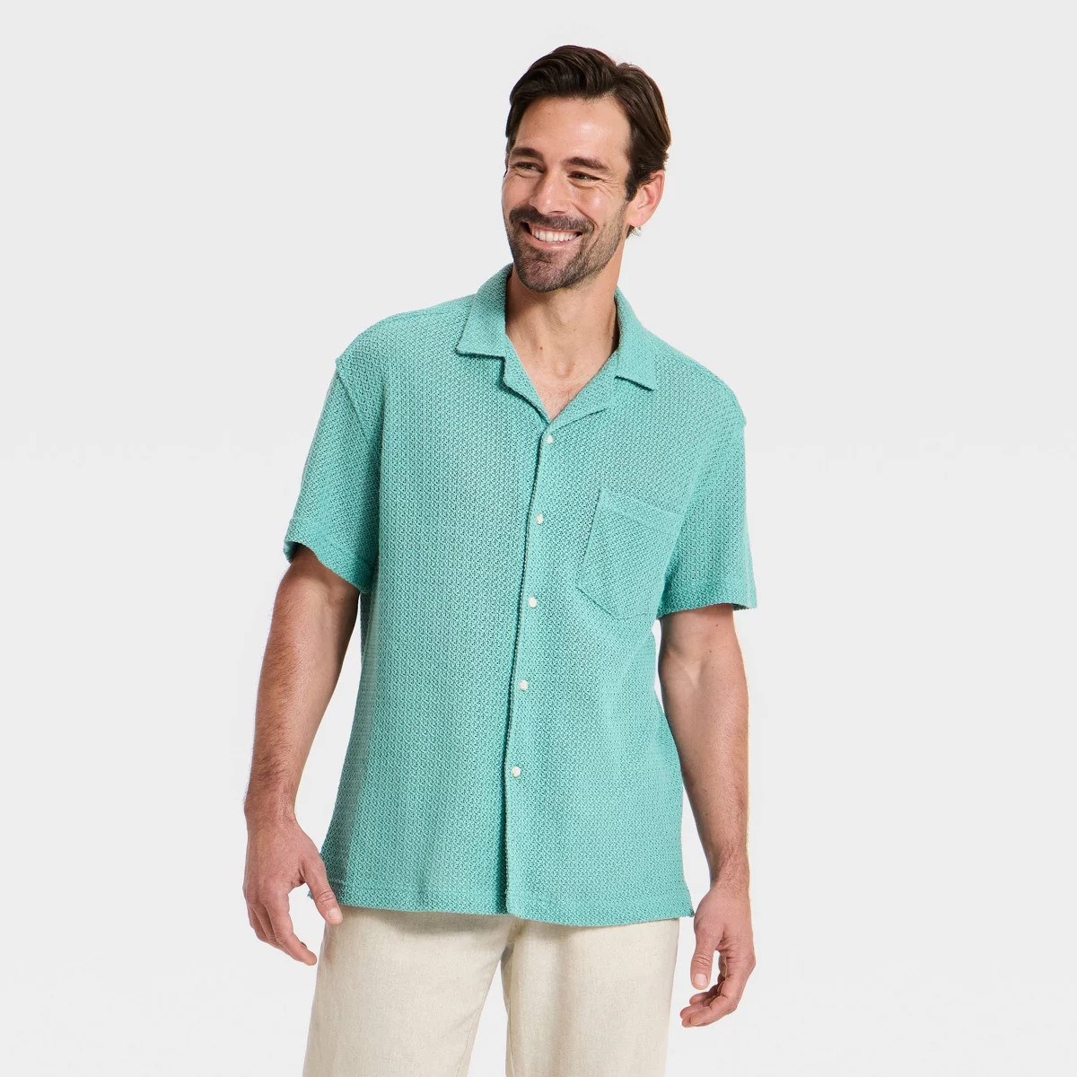 Men's Vacay Short Sleeve Camp Collar Open Weave Button-Down Shirt - Goodfellow & Co™ Teal L | Target