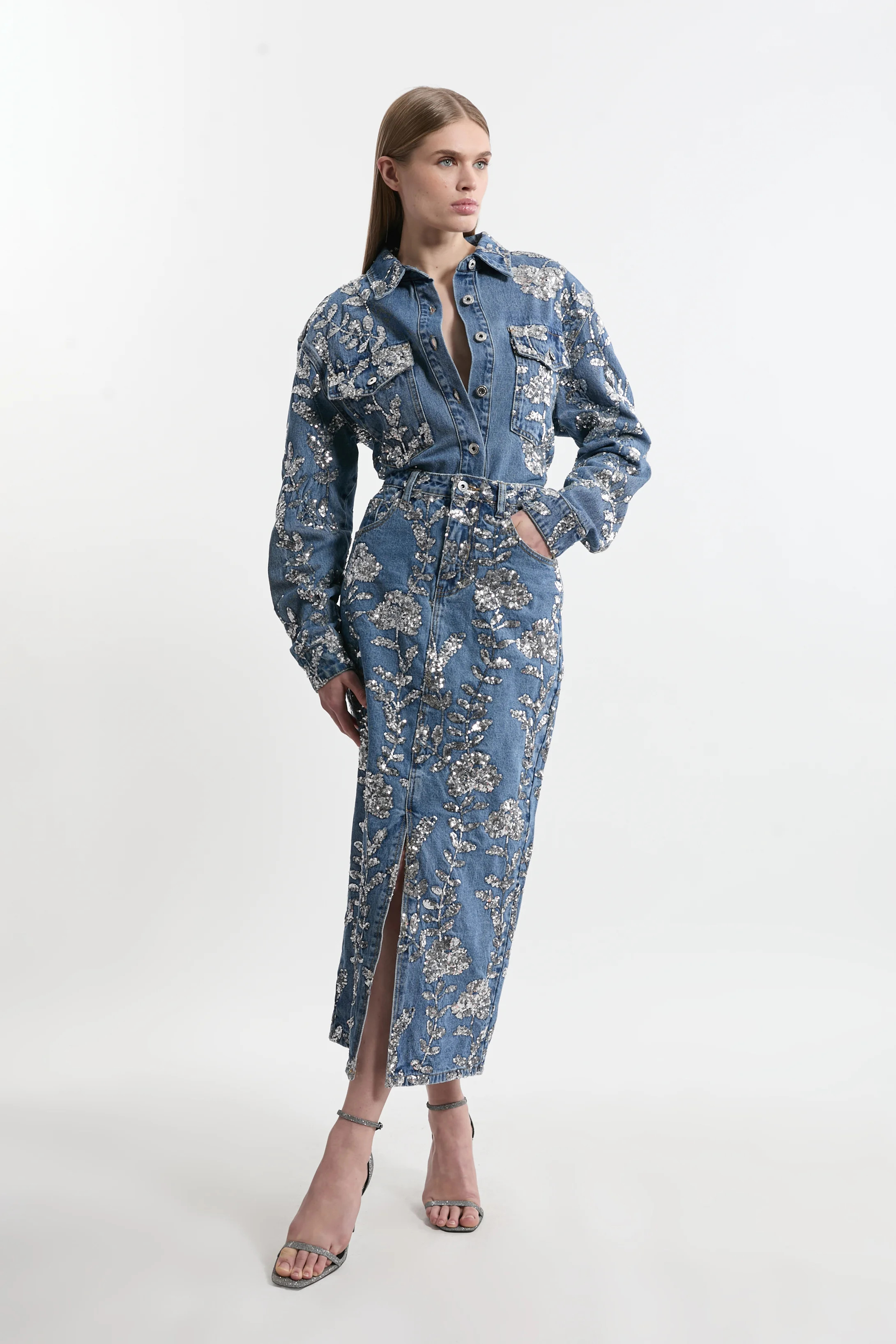Denim All Over Floral Sequin Skirt | Karen Millen UK + IE + DE + NL