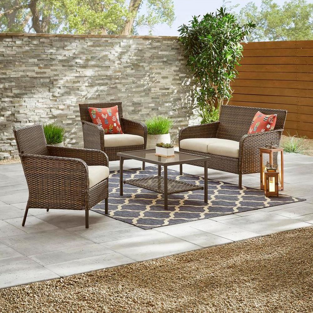Gableton 4-Piece Steel Outdoor Patio Wicker Conversation Set with Beige Cushions | The Home Depot