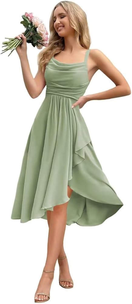 Women's Chiffon Short Bridesmaid Dresses Spaghetti Straps Cowl Neck Formal Dress OE26 | Amazon (US)