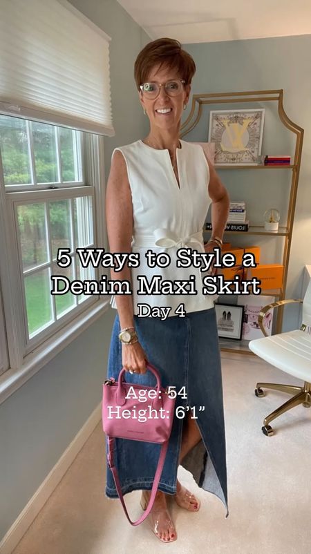 Have you tried a peplum top with your denim maxi skirt? I love this white ponte  knit tie waist top from Spanx paired with my denim maxi skirt.

Hi I’m Suzanne from A Tall Drink of Style - I am 6’1”. I have a 36” inseam. I wear a medium in most tops, an 8 or a 10 in most bottoms, an 8 in most dresses, and a size 9 shoe. 

Over 50 fashion, tall fashion, workwear, everyday, timeless, Classic Outfits

fashion for women over 50, tall fashion, smart casual, work outfit, workwear, timeless classic outfits, timeless classic style, classic fashion, jeans, date night outfit, dress, spring outfit, jumpsuit, wedding guest dress, white dress, sandals

#LTKOver40 #LTKFindsUnder100 #LTKStyleTip
