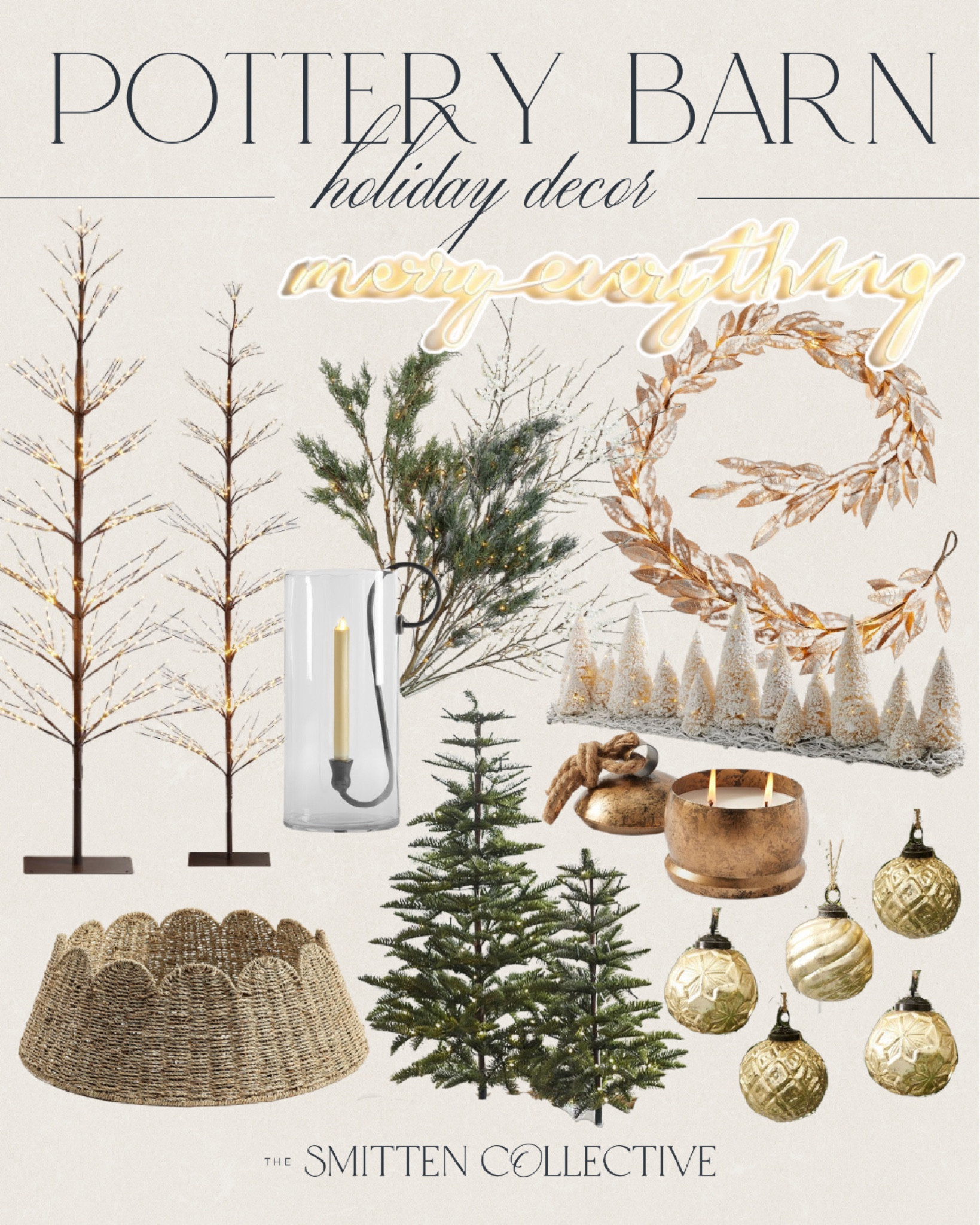 Pottery Barn holiday decor including LED trees, scalloped tree collar, tabletop small Christmas trees, vintage inspired ornaments, dining table centerpiece decor, gold garland, candle holder, faux stems, and neon sign!

#LTKfindsunder100 #LTKhome #LTKHoliday