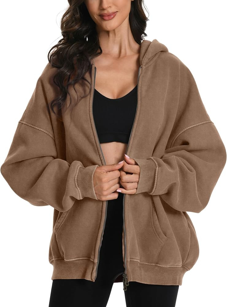 FAIABLE Womens Mens Double Zip Up Hoodie Oversized Acid Wash Heavyweight Hoodie Distress Cotton F... | Amazon (US)