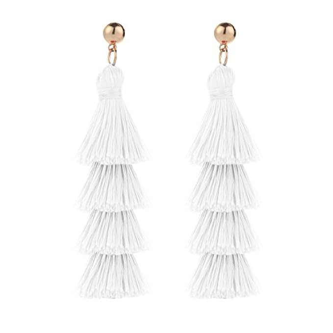 BaubleStar Tassel Earrings Handmade Tiered Thread Tassel Dangle Earrings, Multi Colors | Amazon (US)