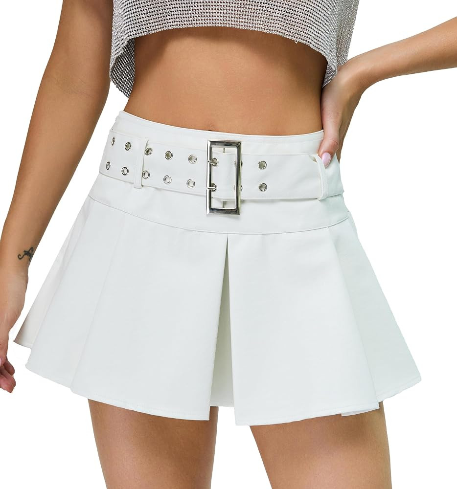 Kisidoo Y2K Mini Skirt Buckle Belted High Waisted Pleated Flare PU Faux Leather Short Goth Skirts... | Amazon (US)