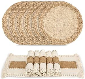 Zology Handmade Boho Placemats Set of 6 - Natural Cotton Burlap and Water Straw Woven Combination... | Amazon (US)
