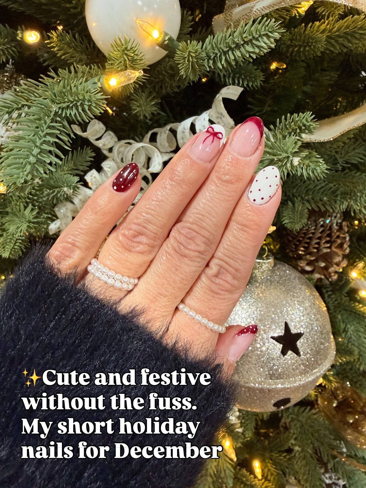 Finally found my December nail vibe. Short Christmas nails that feel chic festive and practical. A little red French a few dots and a sweet bow for the perfect holiday look for women over 40 who want nails that work for real life. And the pearl rings look perfect! ✨🤍

#shortnailinspo 
#christmasnailinspo 
#holidaynails💅 
#decembernails 
#festivenails
#bownails 
#shortandsweet 
#holidaynailinspo 
#christmasnailart 
#shortnailart 
#pearlrings