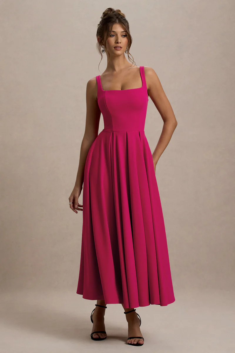 Parina | Hot Pink Strappy Volume-Hem Midi Dress | Club L London