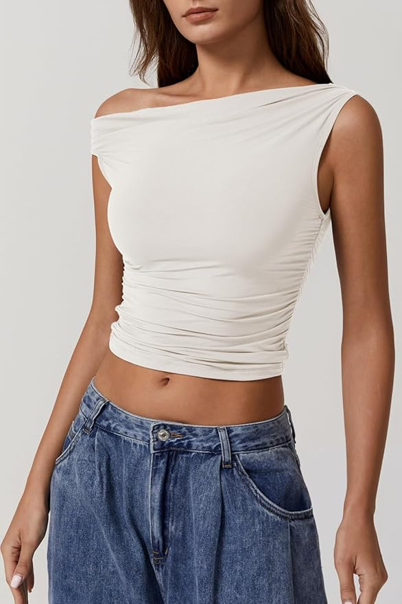 QINSEN Womens One Shoulder Sleeveless Basic Top Double Lined Slim Fit T Shirt Cropped Tee | Amazon (US)