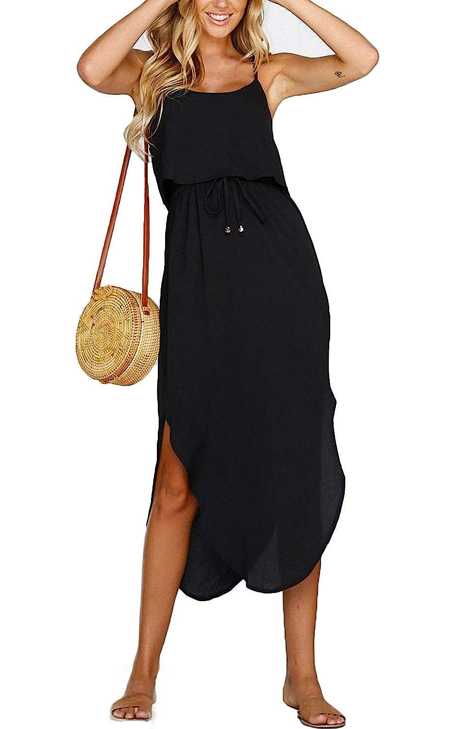 OURS Women's Casual Adjustable Spaghetti Straps Sleeveless Sundress Split Beach Midi Dress | Amazon (US)