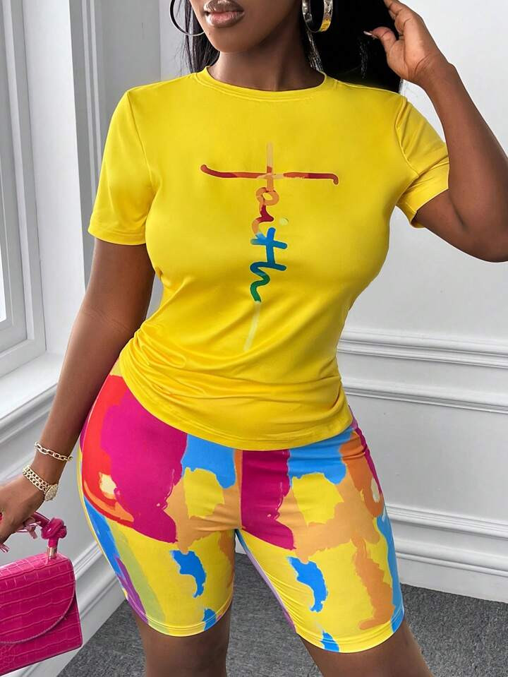 SHEIN Slayr Letter Graphic Tee & Biker Shorts | SHEIN