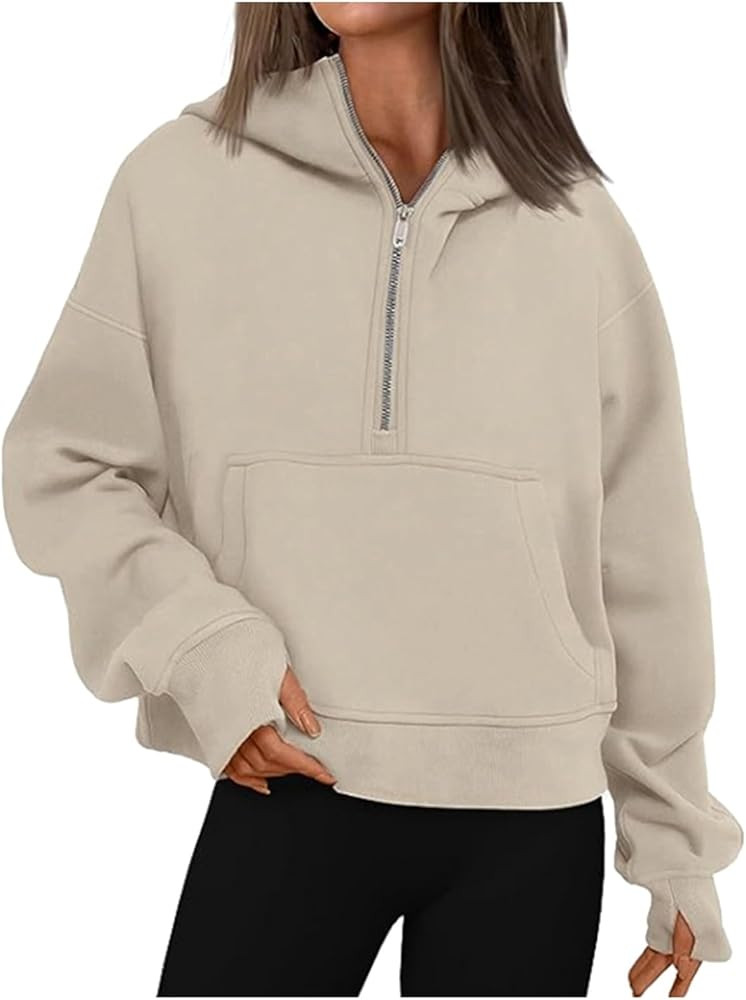 Women'S Zipper Hoodie Y2K Loose Fit Casual Long Sleeve Quarter Zip Up Preppy Pullover Top Solid S... | Amazon (US)