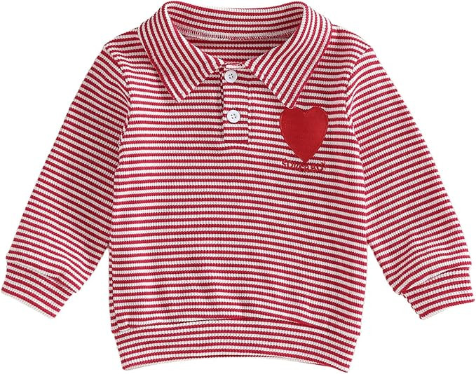 Toddler Baby Boy Valentine’s Day Outfit Heart Letter Embroidery Waffle Striped Long Sleeve Polo... | Amazon (US)
