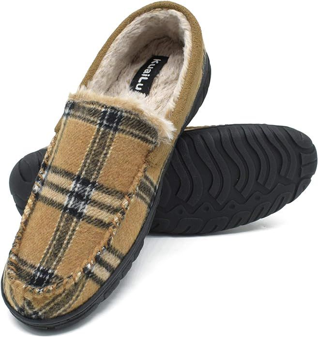 KuaiLu Mens Moccasin Slippers with Memory Foam Plaid Slip on Warm Wool Plush Lined House Shoes In... | Amazon (US)
