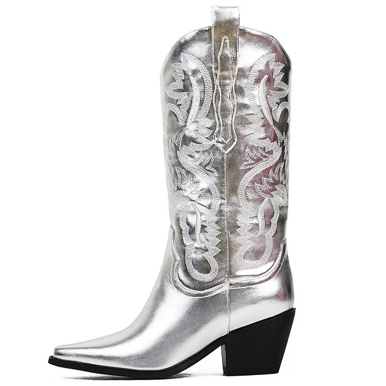 Sarairis Cowboy Boots for Women Silver Western Boots Block Heel Cowgirl Boots Shoes Vintage Retro... | Walmart (US)