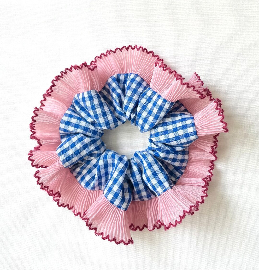Navy Blue Gingham Scrunchie, Pink Pleated Lace Scrunchie, XL Scrunchie, Oversize Hair Bun Holder,... | Etsy (US)