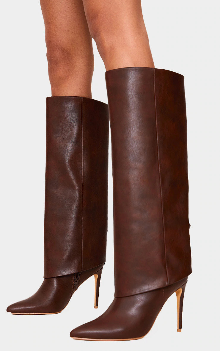 Distressed Chocolate PU Point Toe Fold Over High Heeled Calf High Boots | PrettyLittleThing US