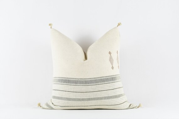 Sharad- Ivory Green Rust Pillow Cover with Poms | Etsy (US)