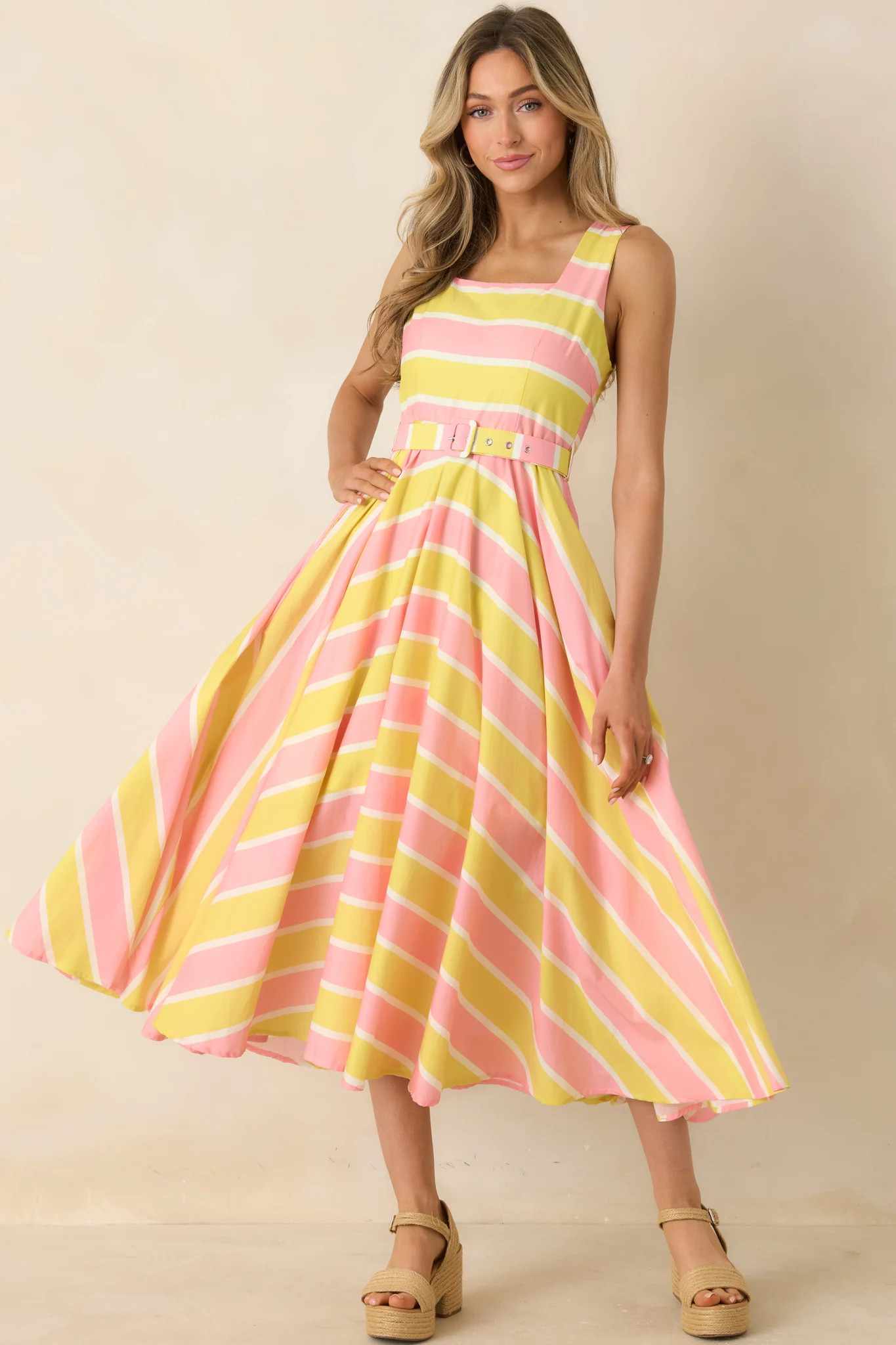 Sunbeam Days Yellow & Pink Stripe Cotton Belted Midi Dress S / Yellow | Red Dress