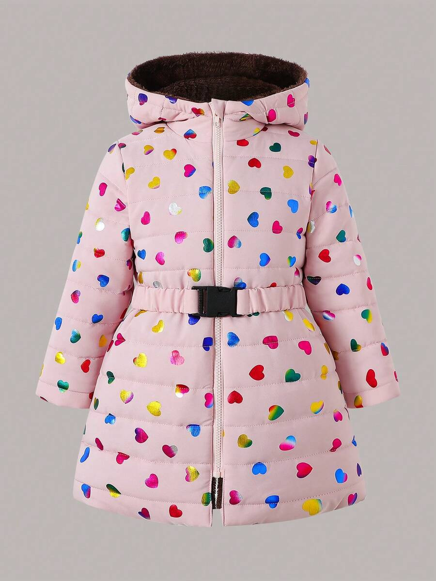 SHEIN Young Girl Pink Ombre Laser Heart Thick Mid-Length Hooded Drawstring Winter Jacket | SHEIN