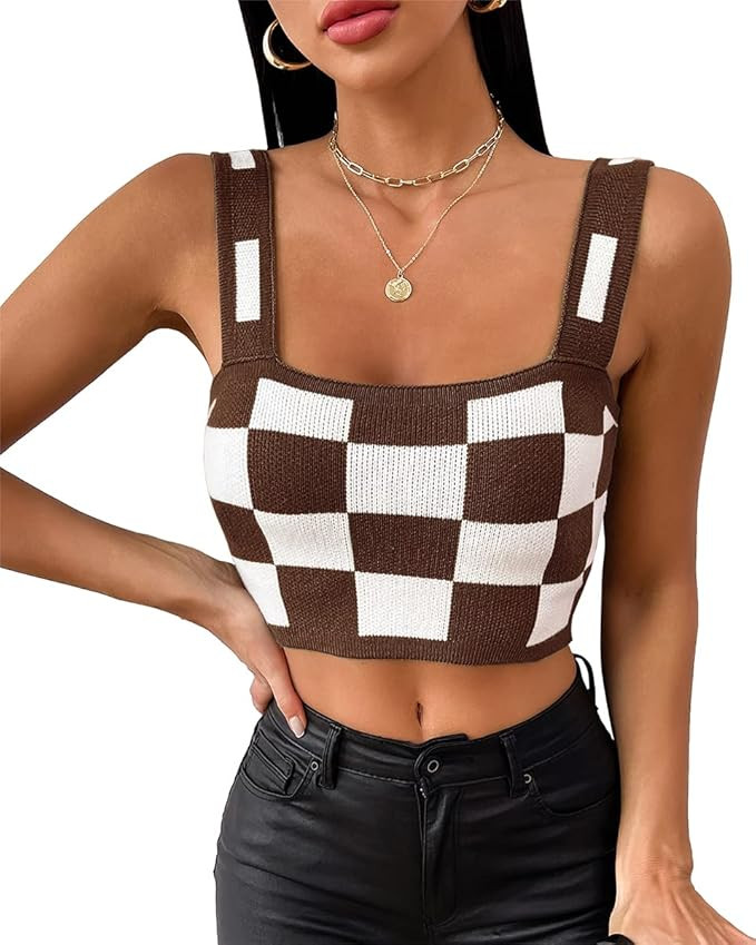 Imily Bela Womens Checked Knit Crop Tops Summer Going Out Cropped Tank Camisole Sleeveless Strap ... | Amazon (US)