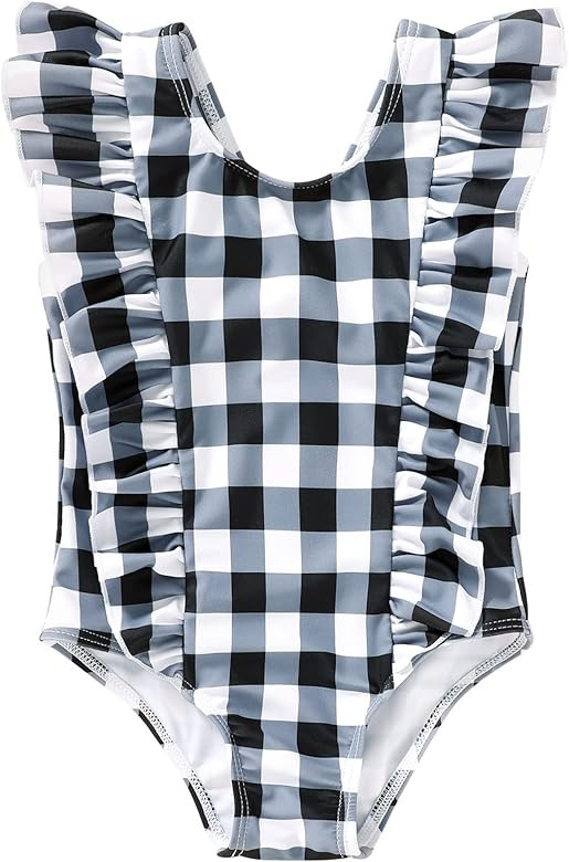 Infant Baby Girls Swimsuit Toddler One-Piece Plaid Swimwear Beach Bikini Leopard Ruffles Bathing Sui | Amazon (US)