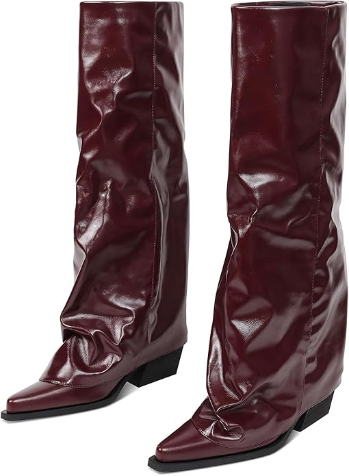 Chunky Knee High Fold Over Boots for Women with Zipper Pointed Toe | Amazon (US)