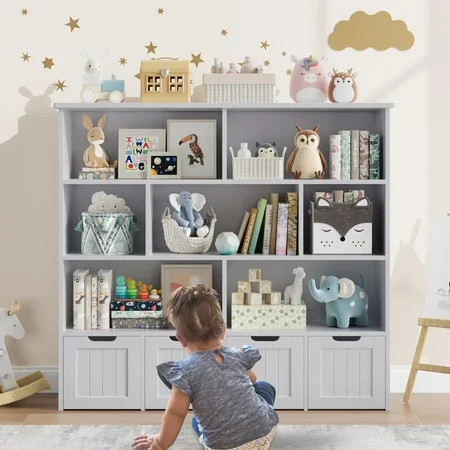 Homfa 7 Cube Toy Storage Organizer, Kids Geometric Bookcase and Bookshelf with 4 Drawers, Gray | Walmart (US)