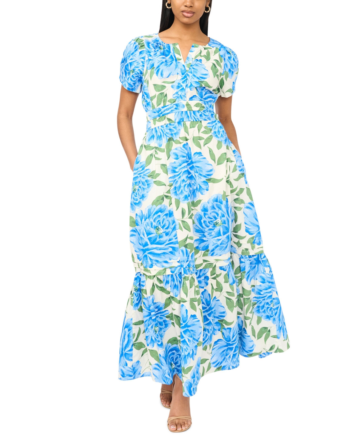 Msk Women's Split Neck Short-Sleeve Maxi Dress - Marine Blue | Macy's