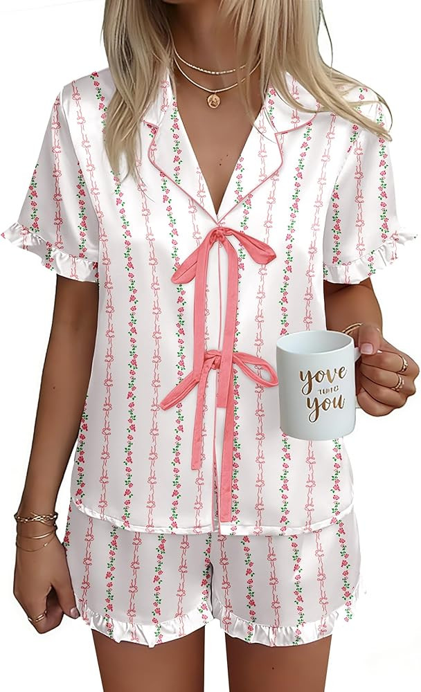 Ekouaer Satin Pajama for Women Short Sleeve Silky Pj Short Set Bow Front Tie Up Loungewear Sleepw... | Amazon (US)