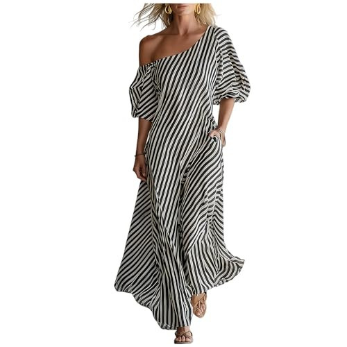 Women's Elegant and Classic Striped Off-Shoulder Maxi Dress Beach Vacation Flowy Maxi Dress (A,Medium) | Amazon (US)