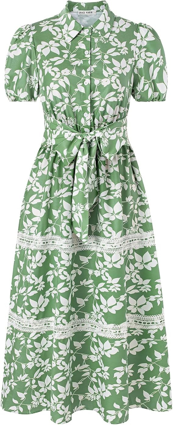 GRACE KARIN Women's 2026 Summer Floral Flowy Dresses Boho Tie Belt Short Puff Sleeve A Line Maxi ... | Amazon (US)