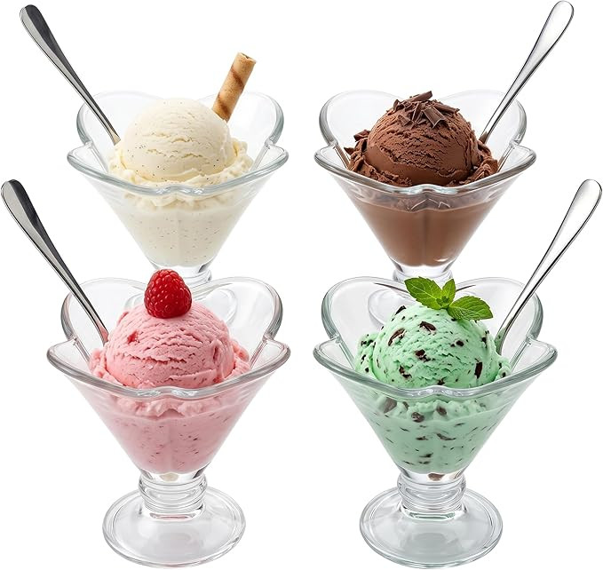 OVENTE 4 Pack Glass Dessert Bowls with Spoons, 6 Oz Footed Ice Cream Cups for Sundae, Fruit, Sala... | Amazon (US)