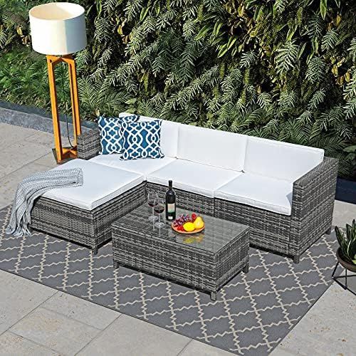 JOIVI Patio Furniture Sets, 5 Pieces All-Weather Outdoor Sectional Sofa Grey Wicker Rattan Patio ... | Amazon (US)
