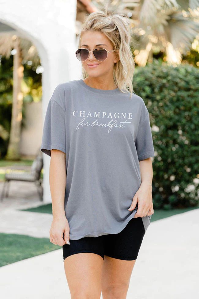 Champagne for Breakfast Grey Oversized Graphic Tee SALE | Pink Lily