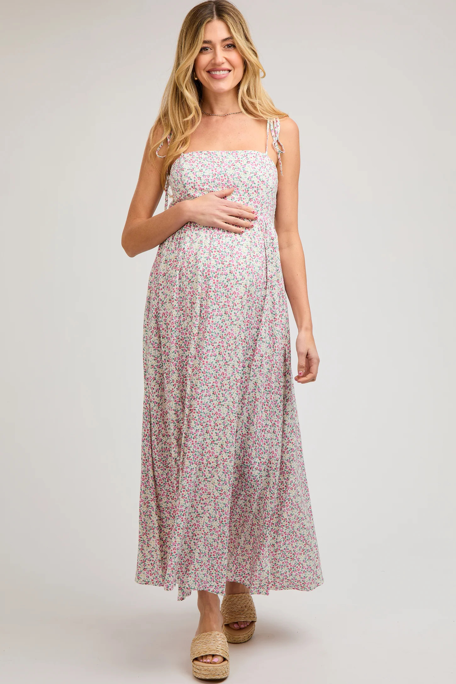 Cream Floral Sleeveless Pocketed Maternity Maxi Dress | PinkBlush Maternity