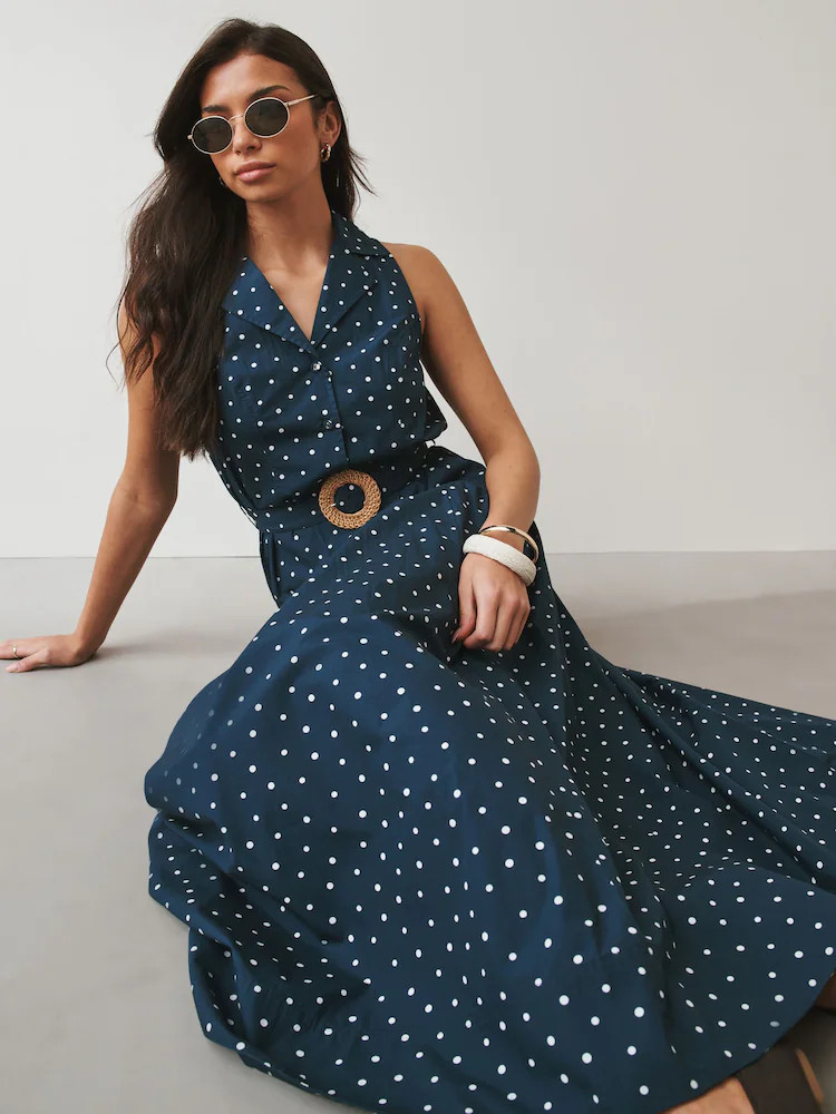 Navy Blue Polka Dot Cotton Sleeveless Midi Belted Shirt Dress | Next US