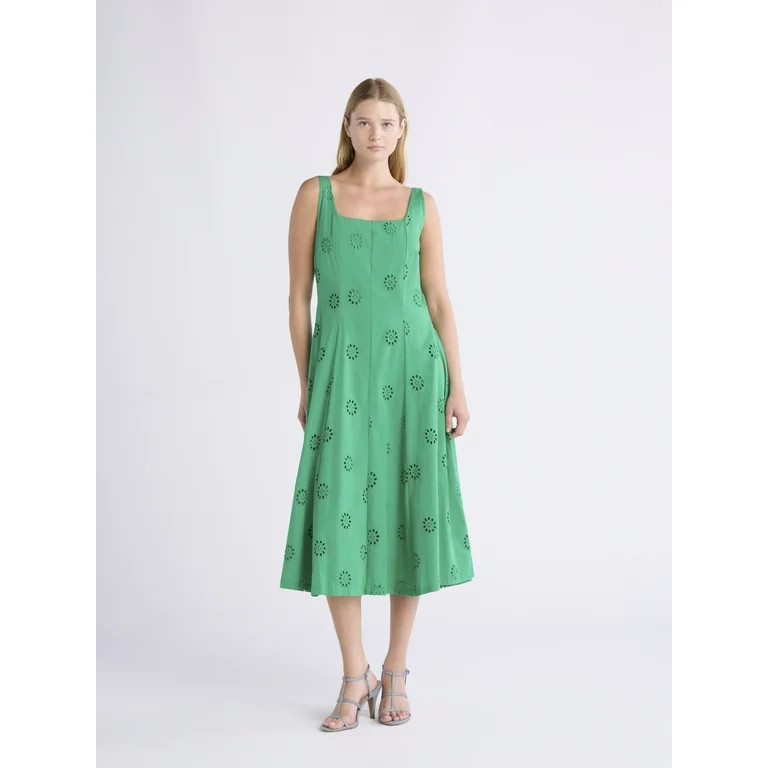 Free Assembly Women's Sleeveless Cotton Eyelet Panel Midi Dress, Sizes XS-XXL | Walmart (US)