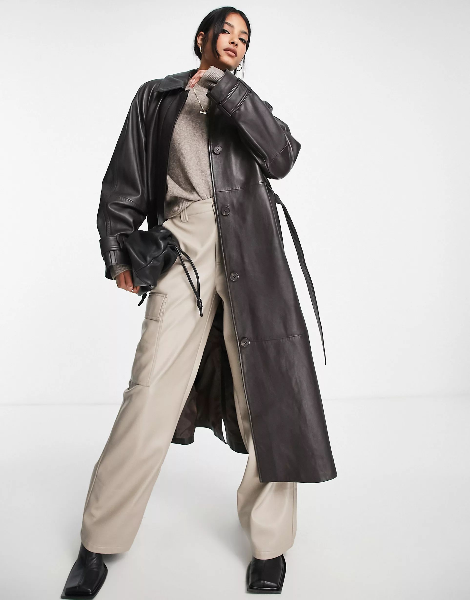 ASOS DESIGN premium real leather trench coat in brown | ASOS (Global)