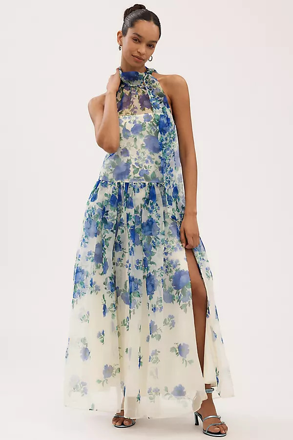 Kendall High-Neck Scarf Floral Organza Maxi Dress | Anthropologie (US)