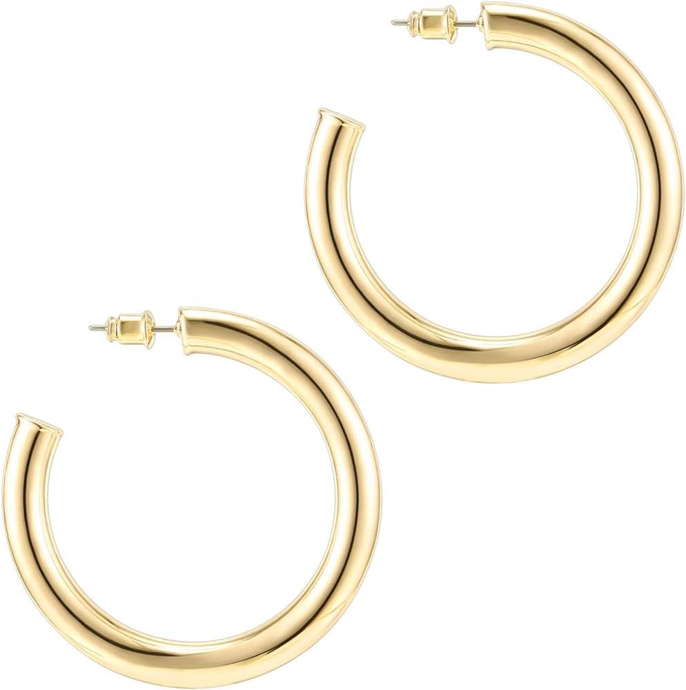PAVOI 4.5mm Thick 50mm (2 Inch) Diameter Yellow Gold Colored Large Hoop Earrings. | Amazon (US)